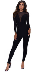 Gaetana Black Mesh Long Sleeve Bandage Jumpsuit