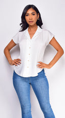 Kai Button Up Top in White side profile view on model
