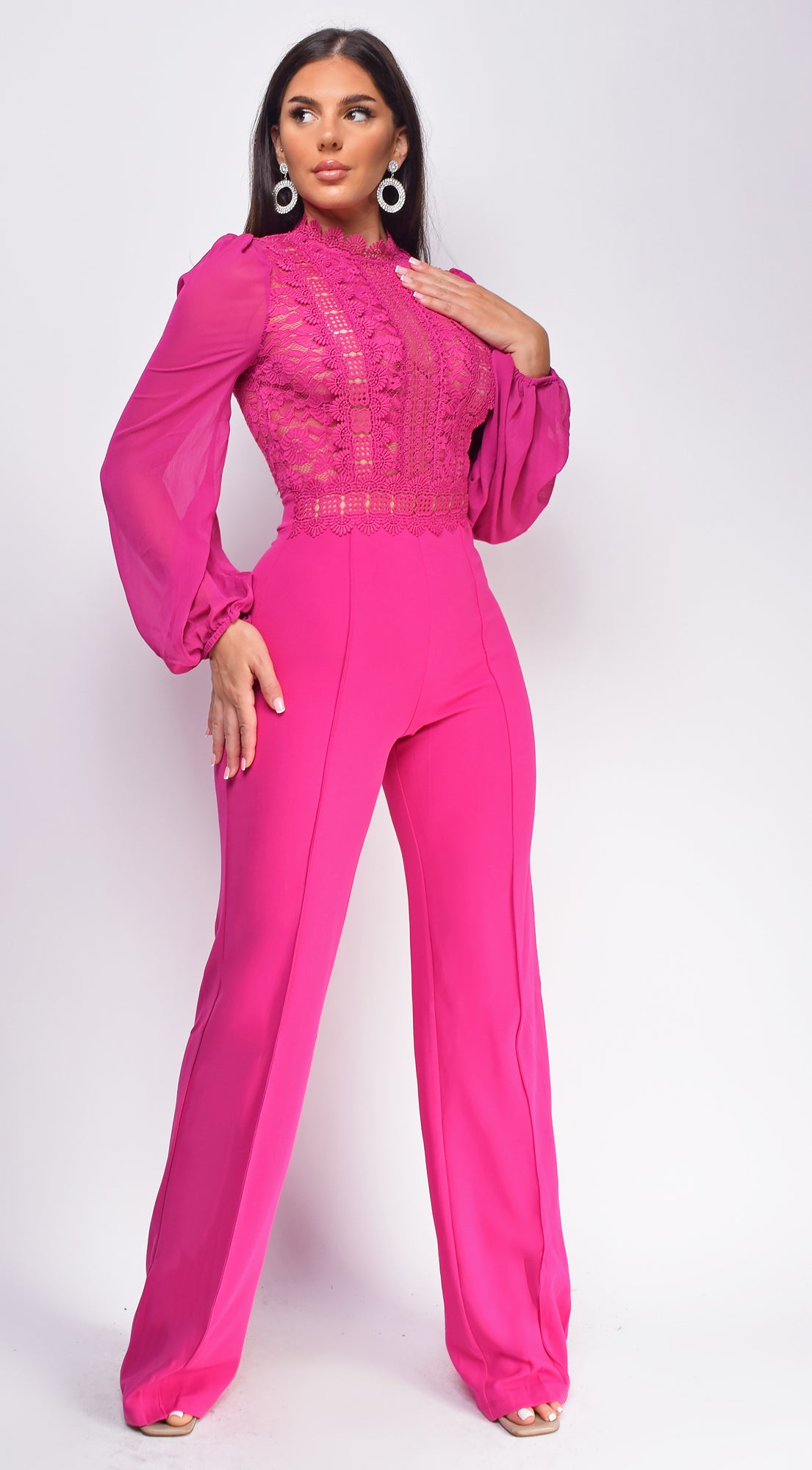 Nerine Crochet Lace Mesh Jumpsuit - Magenta Pink