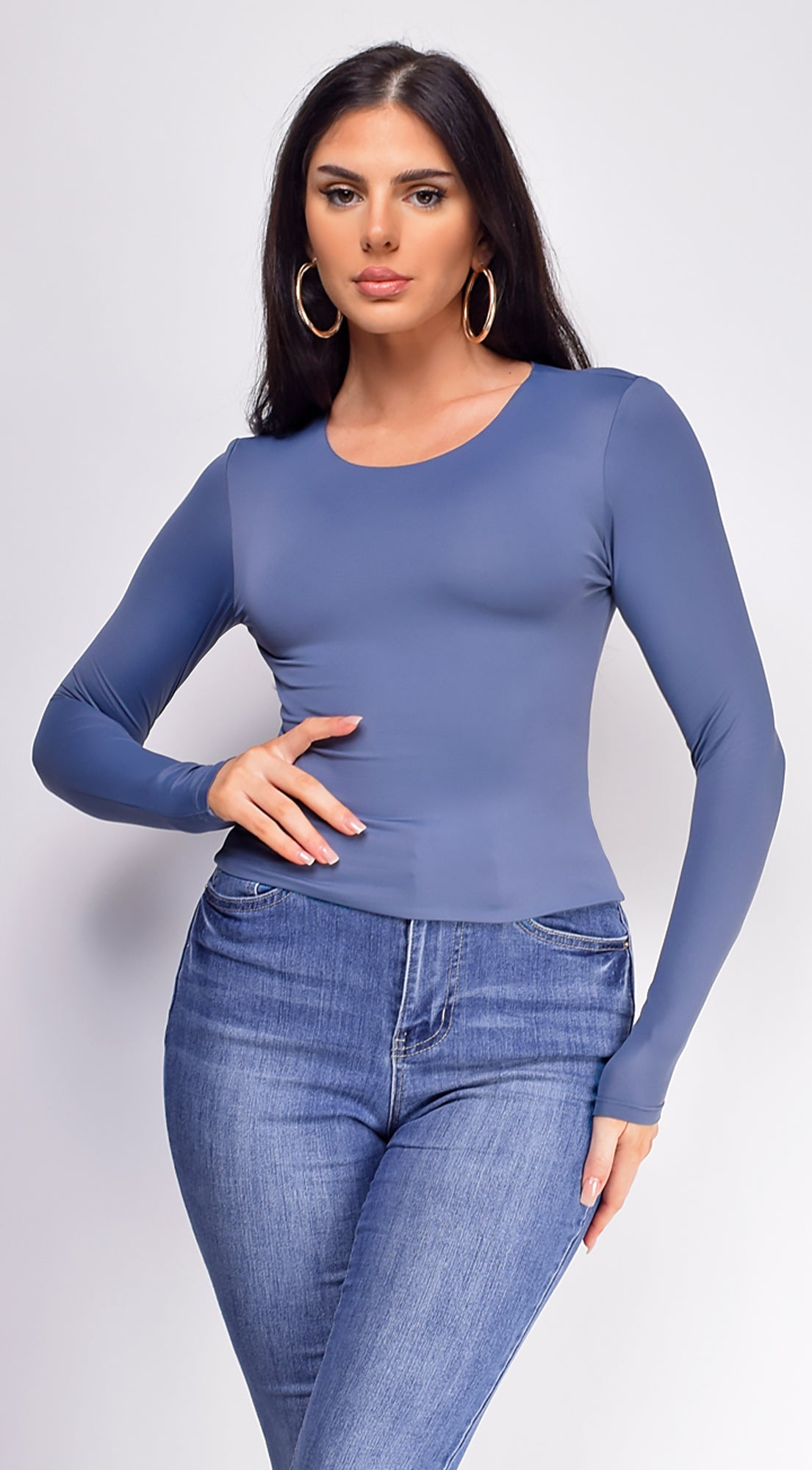 Nora Thunder Blue Basic Long Sleeve Top