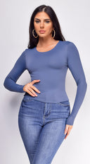 Nora Basic Long Sleeve Top in Blue close-up of fabric and construction