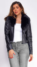 Alyona Black Faux Fur Leather Jacket full length front view on model