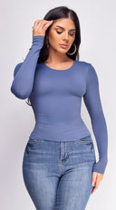Nora Basic Long Sleeve Top in Blue full length front view on model