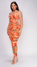 Raelynn Orange Multi Color Print Maxi Dress side profile view on model