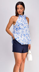 Millie Floral Print Pleated Halter Rosette Top in Blue close-up of floral print