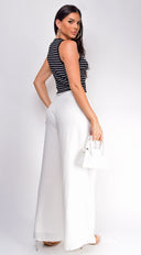 Rey Stripe Button Front Henley Crop Top in Black side profile view on model