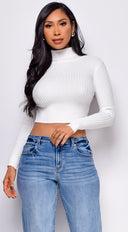 Astraia Basic Turtle Neck Crop Ribbed Sweater Top in Off White full length front view on model