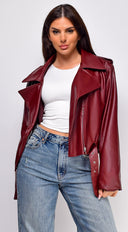 Piper Faux Leather Jacket in Burgundy side profile view on model