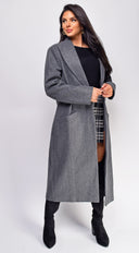 Yeva Gray Long Collared Coat side profile view on model