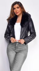 Alyona Black Faux Fur Leather Jacket close-up of faux leather finish