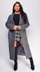 Yeva Gray Long Collared Coat full length three-quarter angle