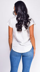 Kai Button Up Top in White styled outfit flat lay