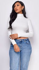 Astraia Basic Turtle Neck Crop Ribbed Sweater Top in Off White back view on model