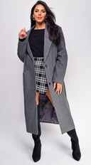 Yeva Gray Long Collared Coat close-up of fabric and construction