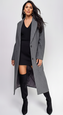 Yeva Gray Long Collared Coat full length front view on model