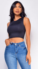 Lylah Crop Tank Top in Black full length front view on model