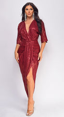 Uma Burgundy Red Sequin Midi Dress