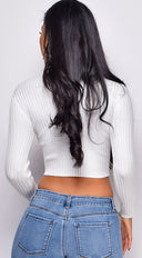 Astraia Basic Turtle Neck Crop Ribbed Sweater Top in Off White side profile view on model