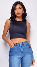 Lylah Crop Tank Top in Black back view on model