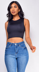 Lylah Crop Tank Top in Black close-up of fabric and construction