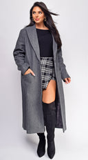 Yeva Gray Long Collared Coat stitching and texture close-up hemline and silhouette detail