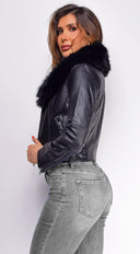 Alyona Black Faux Fur Leather Jacket back view on model
