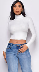 Astraia Basic Turtle Neck Crop Ribbed Sweater Top in Off White close-up of ribbed knit texture