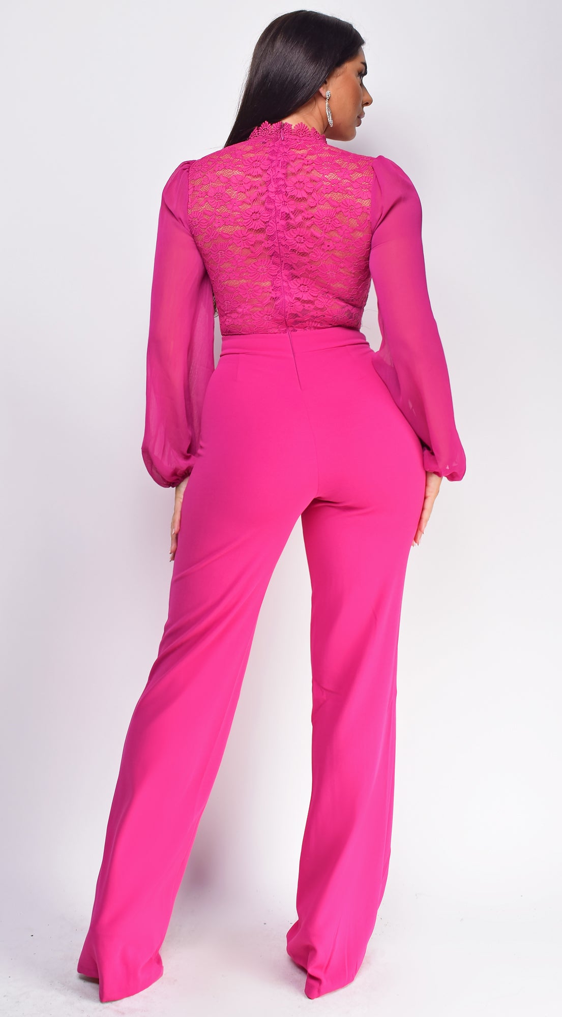 Nerine Crochet Lace Mesh Jumpsuit - Magenta Pink