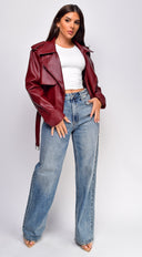 Piper Faux Leather Jacket in Burgundy hemline and silhouette detail