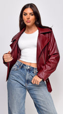 Piper Faux Leather Jacket in Burgundy full length front view on model