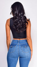 Lylah Crop Tank Top in Black side profile view on model