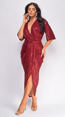 Uma Burgundy Red Sequin Midi Dress