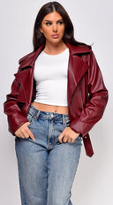 Piper Faux Leather Jacket in Burgundy close-up of neckline and shoulder detail
