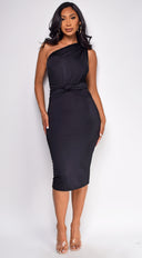 Nat One Shoulder Front Knot Midi Dress - Black