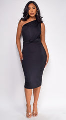 Nat Black One Shoulder Front Knot Midi Dress