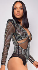 Yesly Black Rhinestone Mesh Long Sleeve Bodysuit