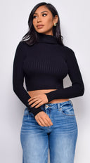 Astraia Basic Turtle Neck Crop Ribbed Sweater Top in Black full length front view on model