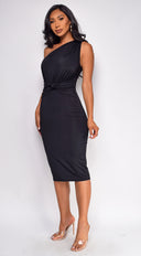 Nat One Shoulder Front Knot Midi Dress - Black