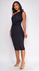 Nat Black One Shoulder Front Knot Midi Dress