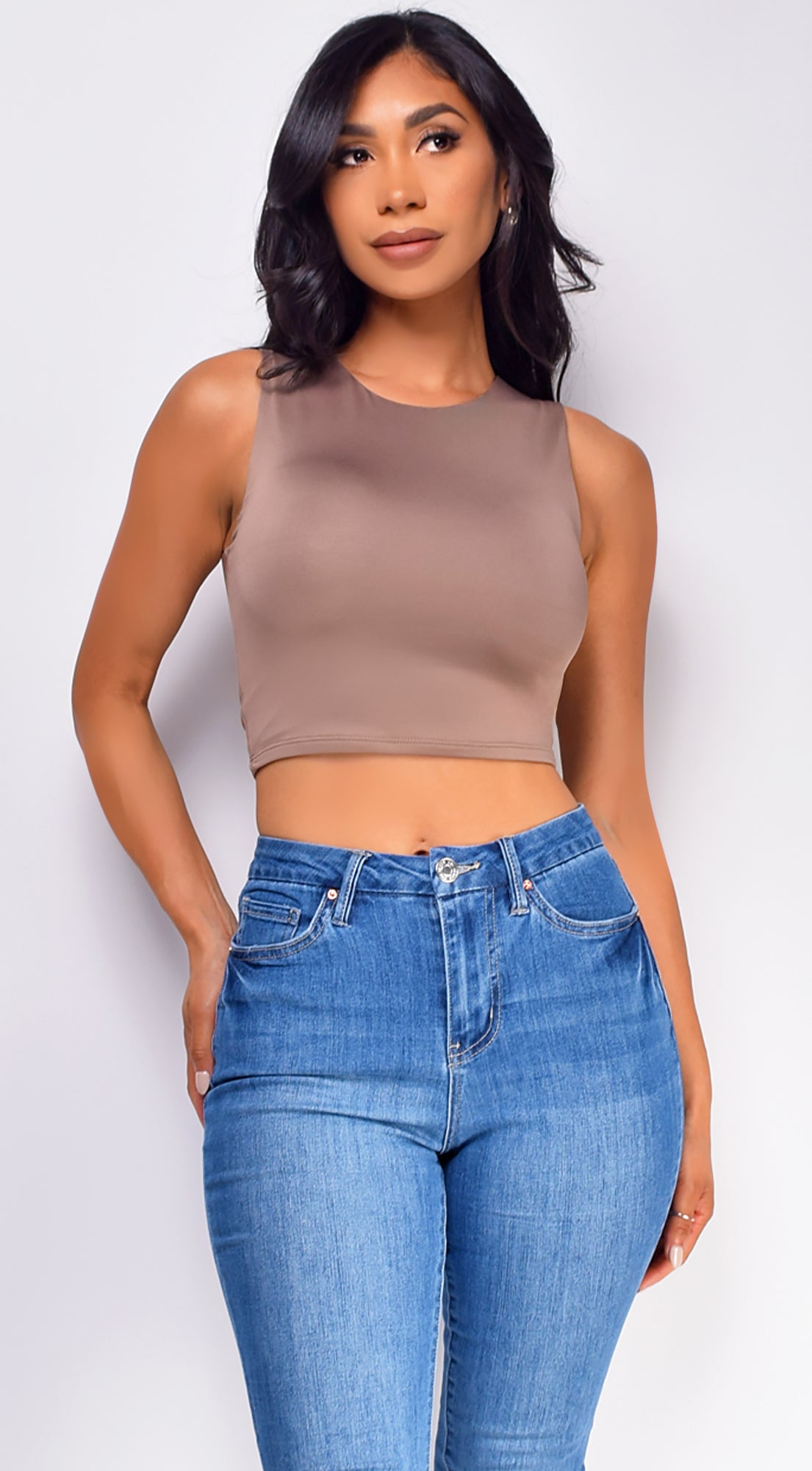 Lylah Taupe Brown Crop Tank Top