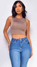 Lylah Crop Tank Top in Brown side profile view on model