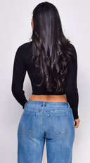Astraia Basic Turtle Neck Crop Ribbed Sweater Top in Black close-up of ribbed knit texture