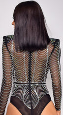 Yesly Black Rhinestone Mesh Long Sleeve Bodysuit