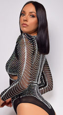 Yesly Black Rhinestone Mesh Long Sleeve Bodysuit