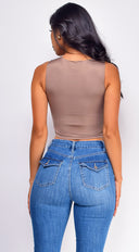 Lylah Crop Tank Top in Brown close-up of fabric and construction