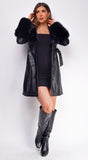 Roma Black PU Leather Faux Fur Coat