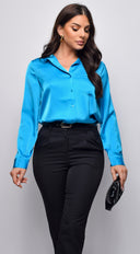 Blerina Button Down Satin Shirt in Blue styled outfit flat lay