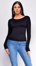 Nora Basic Long Sleeve Top in Black back view on model