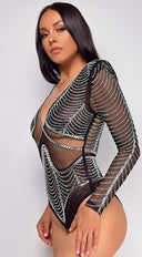 Yesly Black Rhinestone Mesh Long Sleeve Bodysuit