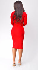 Desma V Neck Button Detail Midi Dress - Red